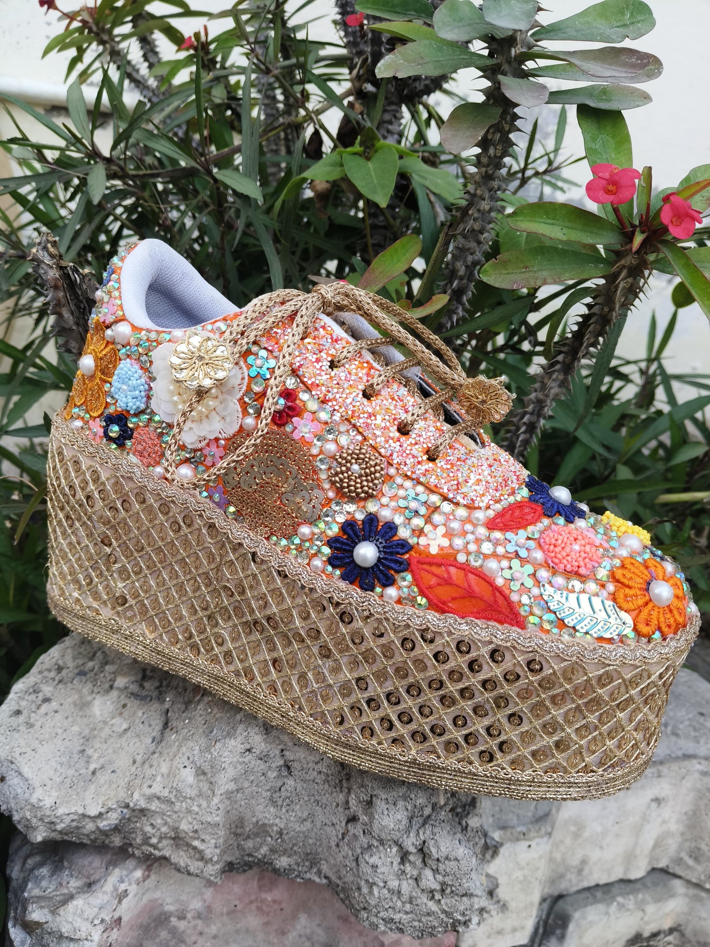 FUNKY N TRENDY Hand embroidered floral theme sneakers - wedge sneakers heeled sneakers/multi colored sneakers