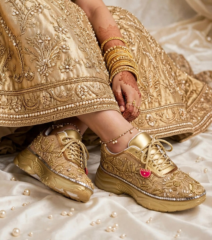 Funky N Trendy hand crafted golden bridal sneakers bridesmaid sneakers/ gold sneakers / golden sneakers / golden embroidery sneakers with tint of hot pink tassels