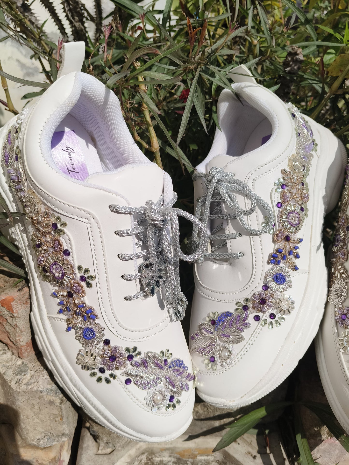 Funky N Trendy embroidery work bridal sneakers/ bridesmaid sneaker / silver sneakers/ purple shoes /name and wedding date customization