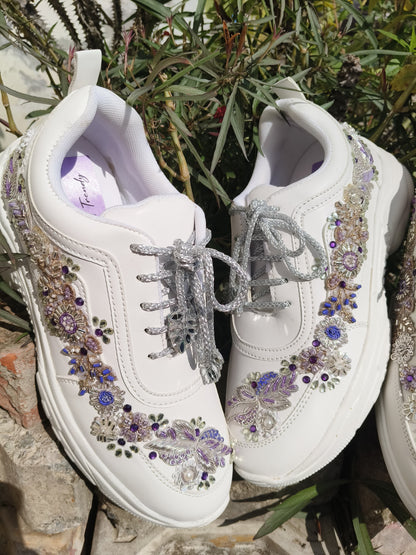 Funky N Trendy embroidery work bridal sneakers/ bridesmaid sneaker / silver sneakers/ purple shoes /name and wedding date customization