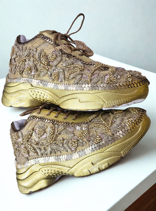 Funky N Trendy hand crafted golden bridal sneakers bridesmaid sneakers/ gold sneakers / golden sneakers / mirror sneakers/hand embroidered sneakers
