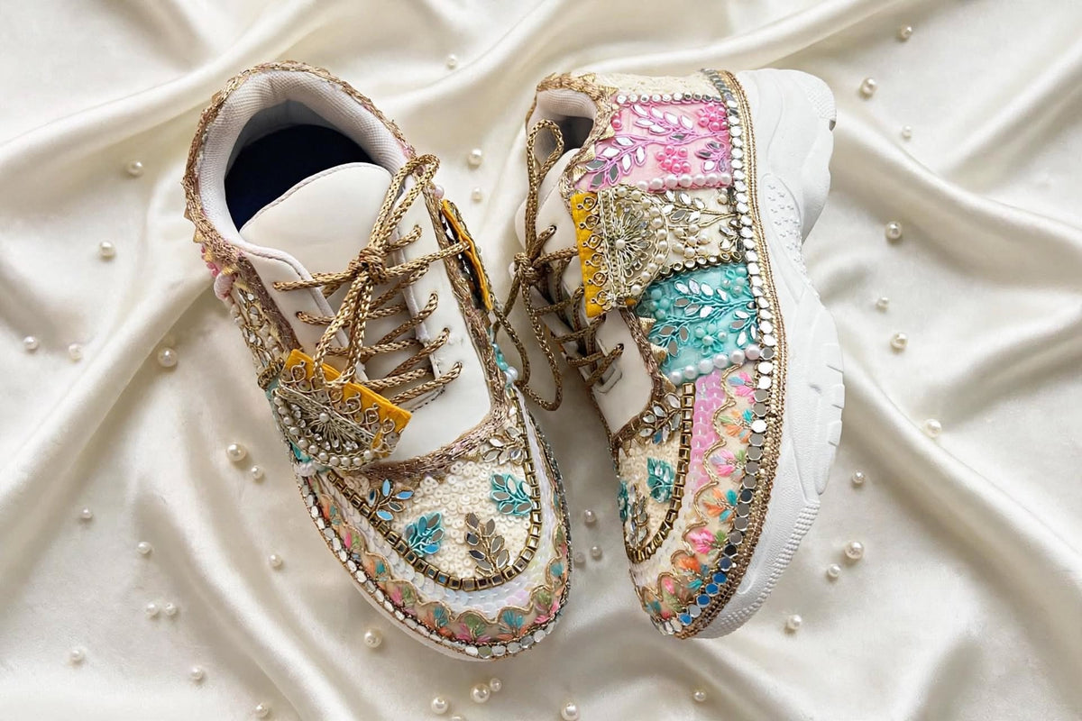 RANG RAAS - Multicolor Hand Embroidered Bridal Sneakers | Mirror Sequin Pearl Wedding Sneakers