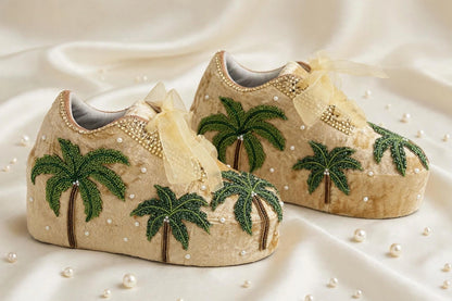 FUNKY N TRENDY Hand embroidered Tree theme sneakers - wedge sneakers heeled sneakers/ gold sneakers