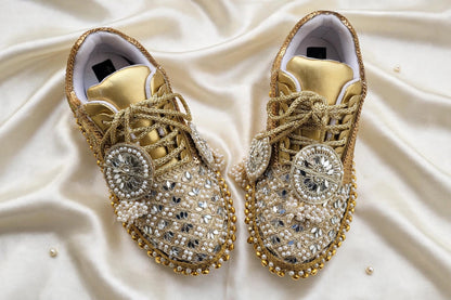 FUNKY N TRENDY golden mirror pearl and sequine work bridal sneakers / bridesmaid sneakers/ gold sneakers / golden sneakers/ ghungaroo sneakers / ghungaroo shoes