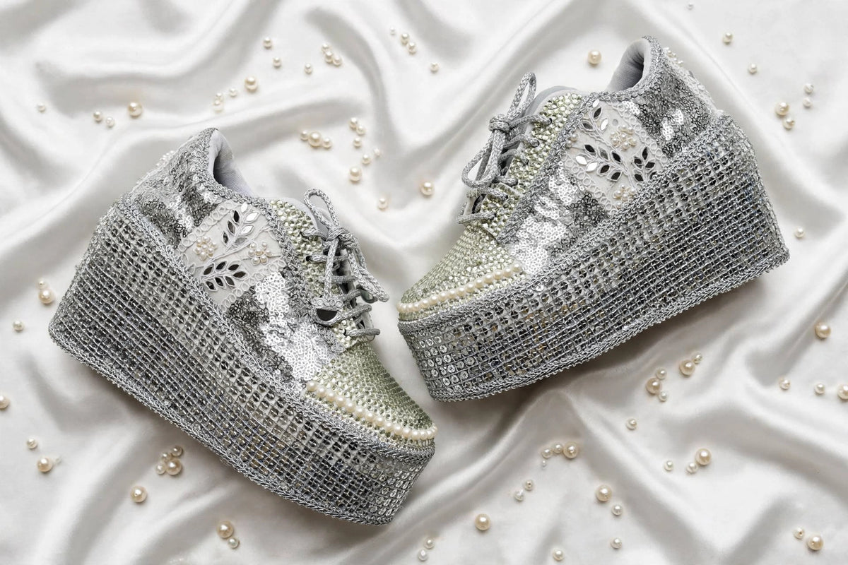 Silver Rhinestone Magic - Bridal Platform Sneakers | Silver Wedge Sneakers for Engagement or Sangeet