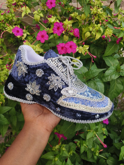 Midnight Blue Velvet Bridal Sneakers with Silver Cutdana & Crystal Embellishments