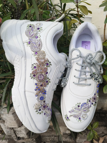 Funky N Trendy embroidery work bridal sneakers/ bridesmaid sneaker / silver sneakers/ purple shoes /name and wedding date customization