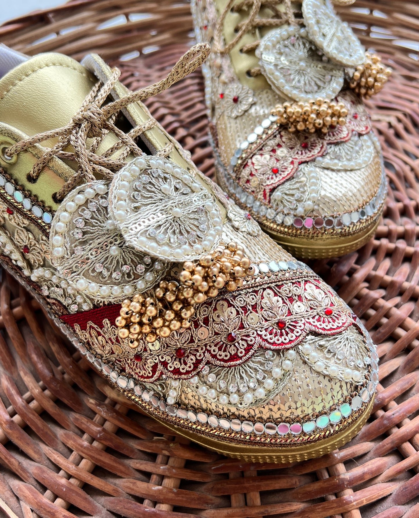 Funky N Trendy Maroon & Gold embroidery work bridal sneakers/ bridesmaid sneaker / golden sneakers/ Maroon sneakers / gold shoes