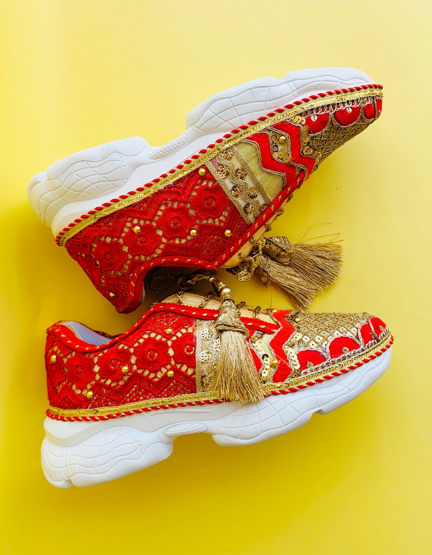 Funky N Trendy Red & Gold embroidery work bridal sneakers/ bridesmaid sneaker / golden sneakers/ Red sneakers / Red shoes
