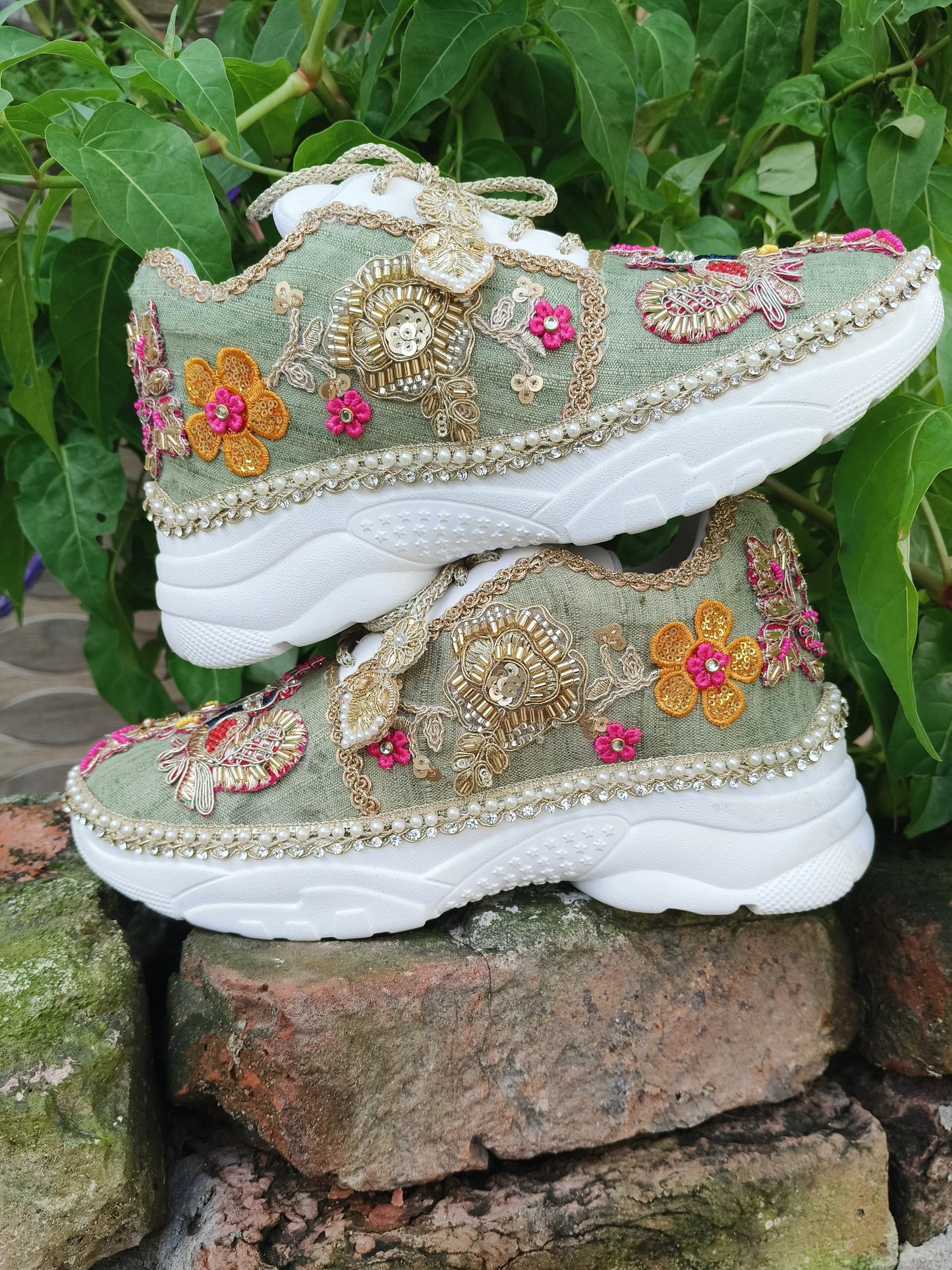 “Peacock Green Bridal Sneakers – Floral Embroidery”