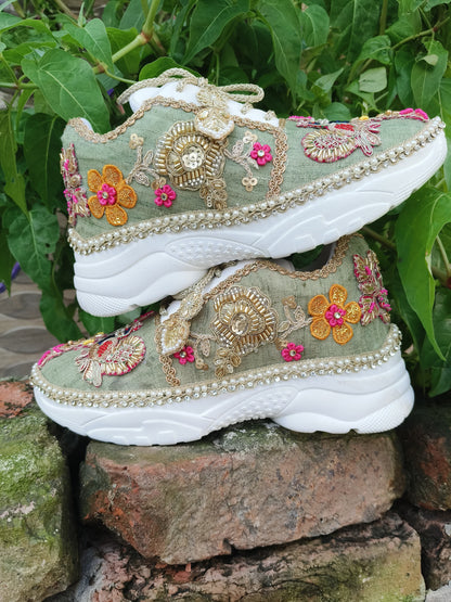 “Peacock Green Bridal Sneakers – Floral Embroidery”