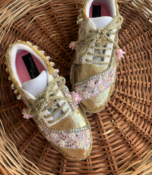 FUNKY N TRENDY pink and gold gottapatti sneakers with pearl & mirror detailing for brides /bridesmaids / sneakers for bridesmaids/ handcrafted sneakers/ sequine sneakers / bridal sneakers / bridesmaid sneakers/ pink sneakers