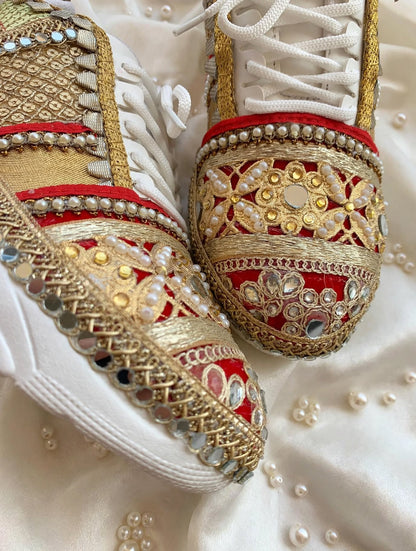 FUNKY N TRENDY red and gold sneakers for brides /bridesmaids / sneakers for bridesmaids/ handcrafted sneakers/ gold sneakers / bridal sneakers / bridesmaid sneakers/ gold sneakers / red shoes