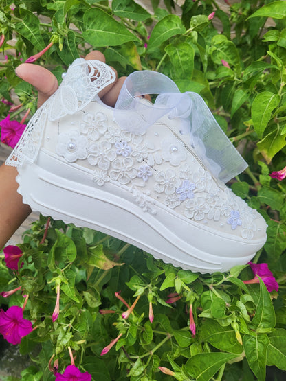 Funky N Trendy white thread work pearl work sneakers with floral detailing / bridal sneakers/ sneaker for bride / white sneakers/ pearl sneakers for bride/custom name initials / wedding date