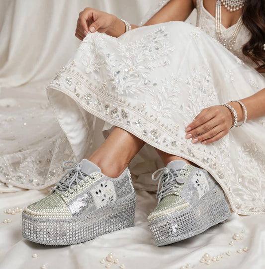 Silver Rhinestone Magic - Bridal Platform Sneakers | Silver Wedge Sneakers for Engagement or Sangeet