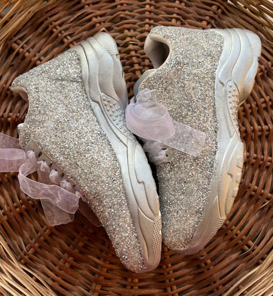 FUNKY N TRENDY silver glitter heeled sneakers with pearl detailing for brides /bridesmaids / sneakers for bridesmaids/ handcrafted sneakers/ glitter sneakers / bridal sneakers / bridesmaid sneakers/ silver sneakers / silver shoes
