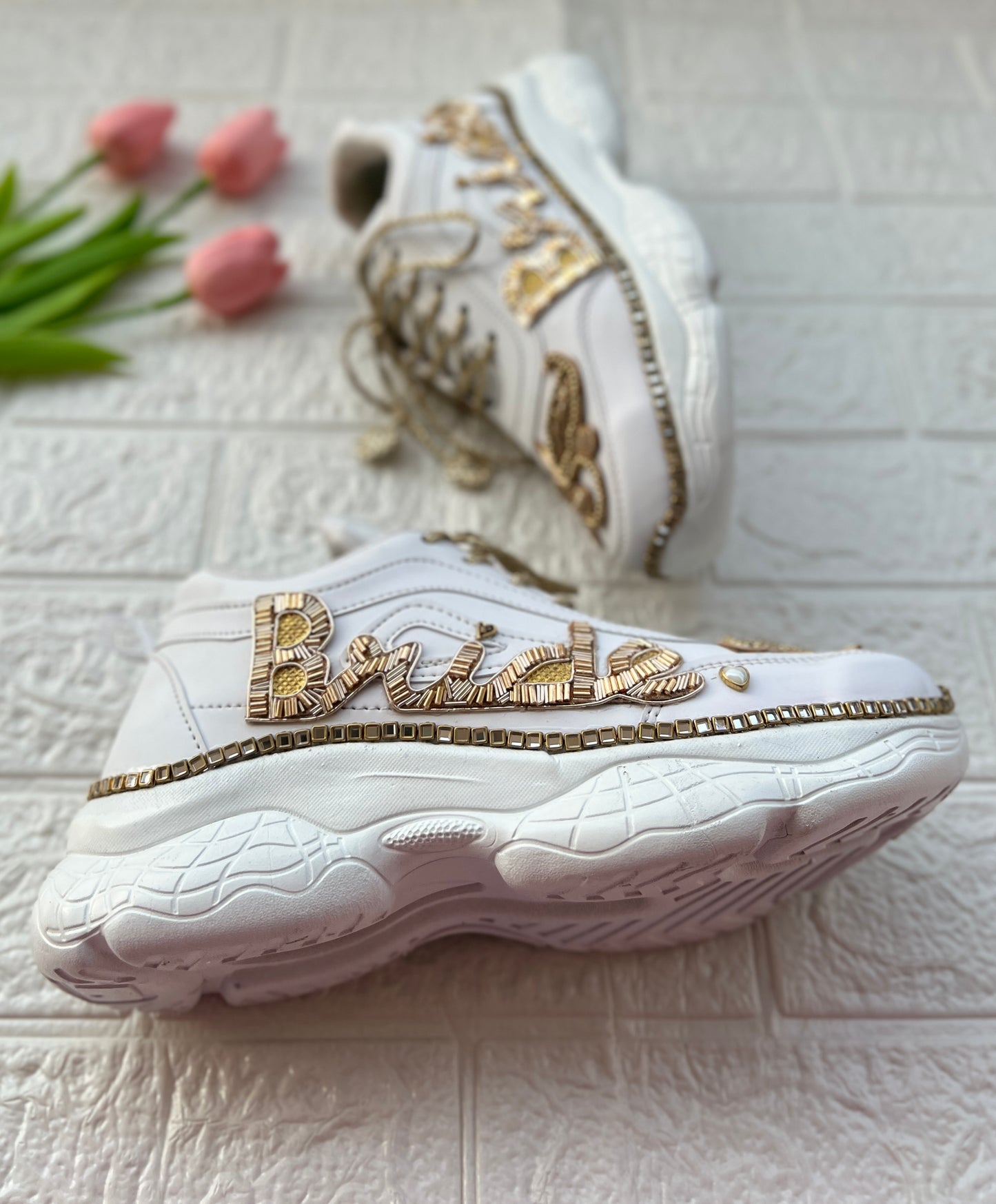Funky N Trendy hand embroidered Bride word with zardozi and cutdana / bridal sneakers/ sneaker for bride / zardozi sneakers/ golden sneakers for bride / custom wedding date and hashtag