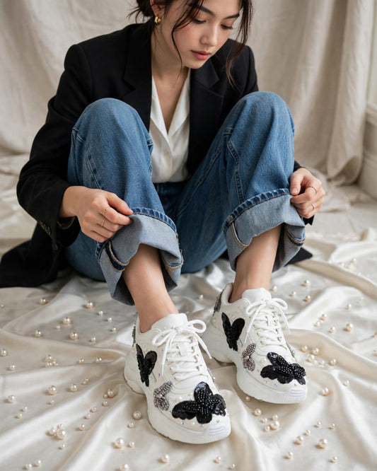 Midnight Flutter – Black Butterfly Embroidered Sneakers | Designer Sneakers India