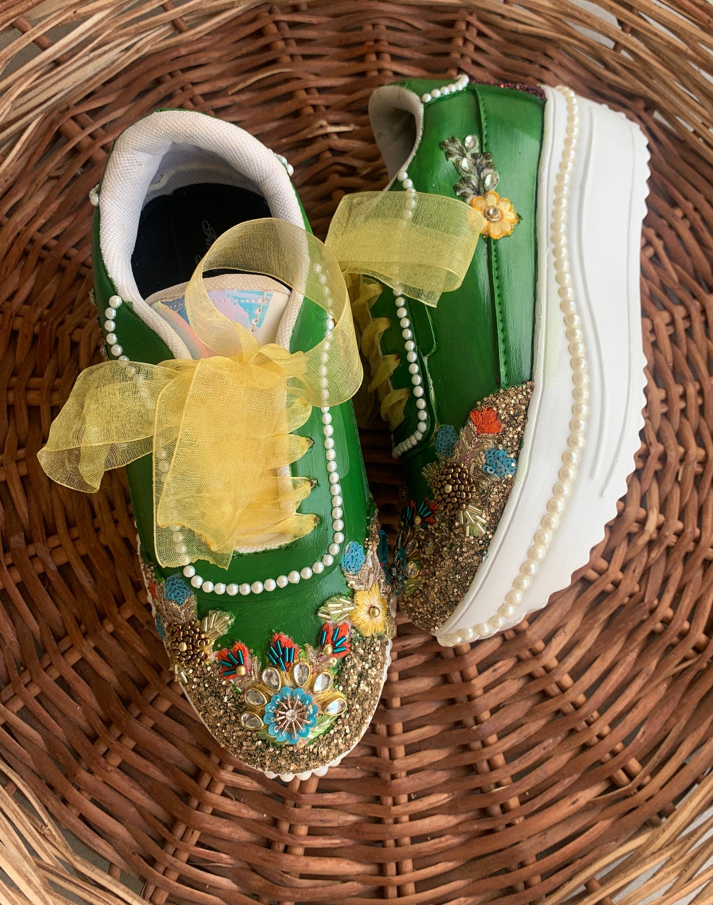 FUNKY N TRENDY green sneakers for brides /gold and green embroidered sneakers/ handcrafted sneakers/ golden sneakers / bridal sneakers / bridesmaid sneakers/ golden hand work sneakers/green sneakers