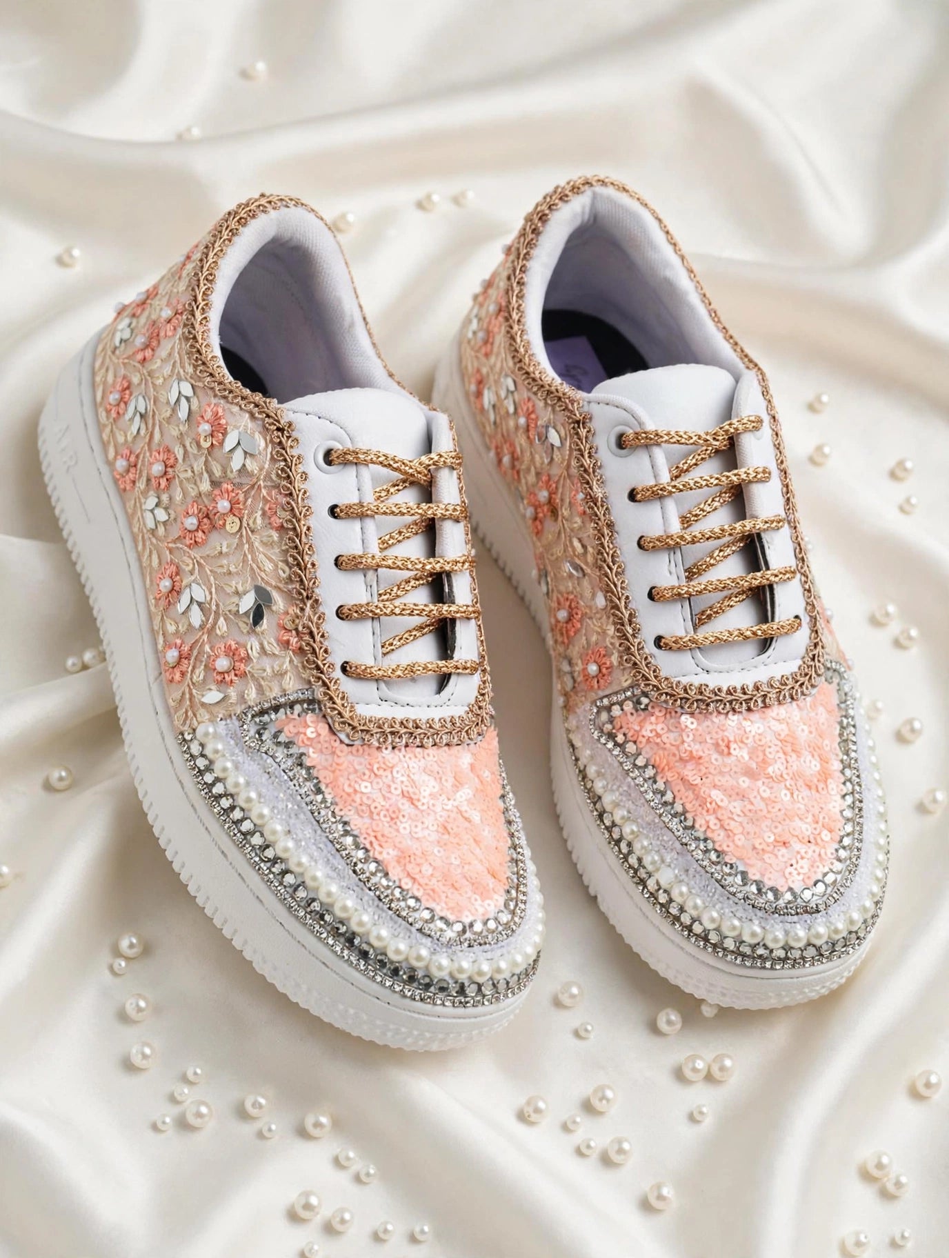 Blossom Bride Bridal Sneakers — Peach Floral Embroidered Sneakers with Pearl & Crystal Trim