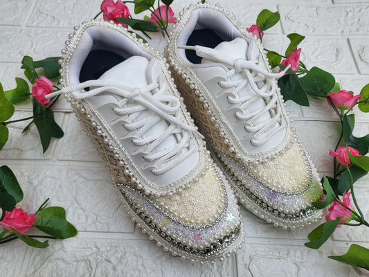Funky N Trendy ivory / off white embroidery work bridal sneakers/ bridesmaid sneaker / hancrafted sneakers / gold sneakers / golden sneakers/ white sneakers / white shoes