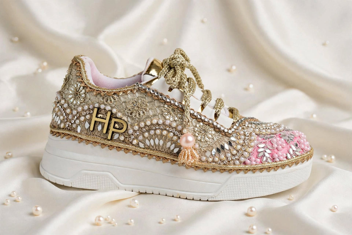 FUNKY N TRENDY baby pink and gold sneakers for brides / bridesmaids/ pink sneakers / baby pink sneakers / bridal sneakers / bridesmaid sneakers/ golden hand work sneakers/ pink shoes with custom name initials