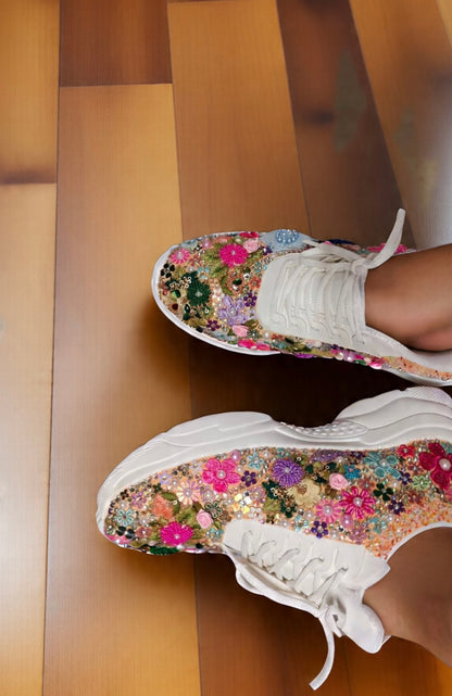 FUNKY N TRENDY fully hand crafted floral work with beads rhinestones cutdana etc /bridal sneakers / bridesmaid sneakers/ floral sneakers /colorful sneakers /bridal shoes / haldi mahendi shoes