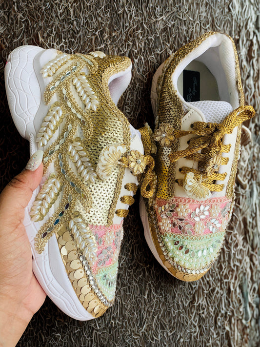 FUNKY N TRENDY hand crafted golden bridal sneakers / gold sneakers / pastel sneakers / embroidery sneakers / sneakers for bride/ embroidered pastel theme sneakers