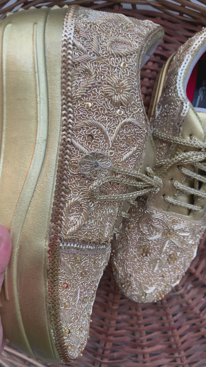 FUNKY N TRENDY gold intricate hand embroidered sneakers for brides /bridesmaids / sneakers for bridesmaids/ handcrafted sneakers/ sequine sneakers / bridal sneakers / bridesmaid sneakers/ ivory sneakers /embroidered shoes/ zardozi sneakers