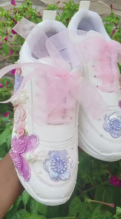 FUNKY N TRENDY purple/white/ pink lilac floral butterfly theme sneakers with pearls detailing for brides / bridesmaids with custom couple name initials/ pink shoes / peach shoes