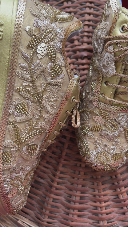 Funky N Trendy Handcrafted Golden Bridal Sneakers – Custom cutdana Embroidery for Brides & Bridesmaids