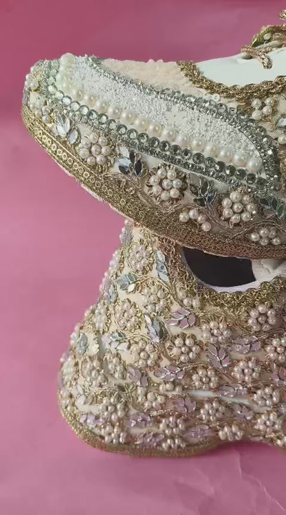 Mirror leaves Pearl blossom Dull gold/ beige Bridal Sneakers – Floral Embroidery” / gold sneakers /ivory sneakers/peach sneakers