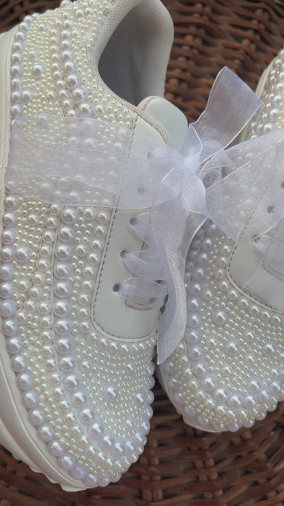 Funky N Trendy white pearl hand work sneakers / bridal sneakers/ sneaker for bride / white sneakers/ pearl sneakers for bride/ bridesmaid sneakers / pearls sneakers
