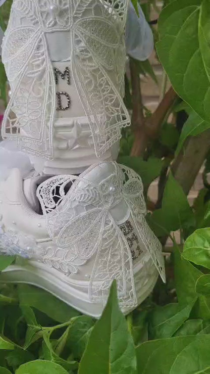 Funky N Trendy white thread work pearl work sneakers with floral detailing / bridal sneakers/ sneaker for bride / white sneakers/ pearl sneakers for bride/custom name initials / wedding date