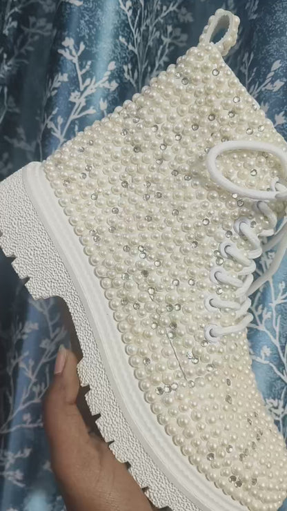 Funky N Trendy white pearl hand work sneakers / bridal sneakers/ sneaker for bride / white sneakers/ pearl sneakers for bride/ bridesmaid sneakers / pearls sneakers / pearl boots