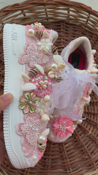 FUNKY N TRENDY pink/white floral butterfly theme sneakers with shells pearls detailing for brides / bridesmaids / bridal sneakers / bridesmaid sneakers / bridal shoes/ pink shoes / pink sneakers