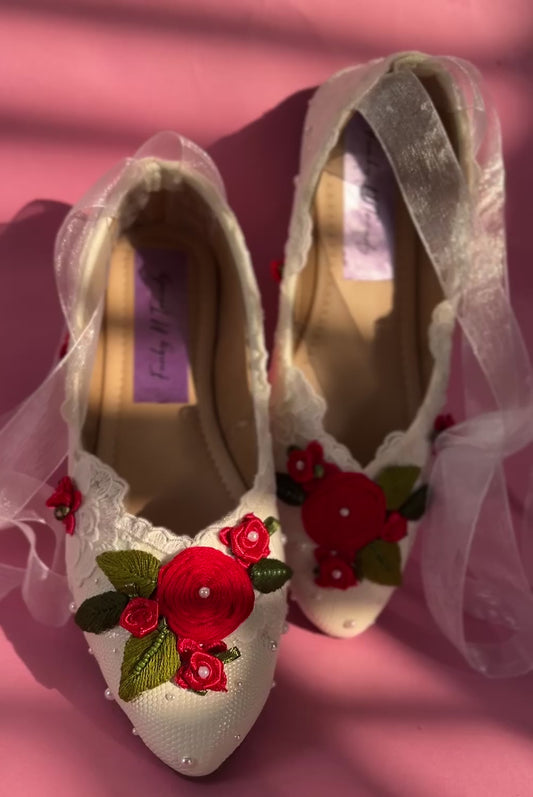 Funky N Trendy red and floral theme ballies/ white ballies / embroidered ballies /white flats/ red and green florals/ threadwork embroidery/ handmade / women shoes/ bride shoes