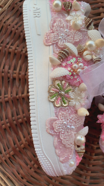 FUNKY N TRENDY pink/white floral butterfly theme sneakers with shells pearls detailing for brides / bridesmaids / bridal sneakers / bridesmaid sneakers / bridal shoes/ pink shoes / pink sneakers
