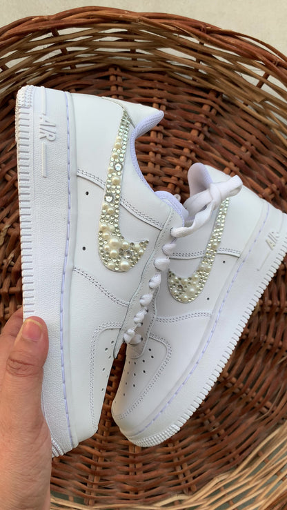 FUNKY N TRENDY hand crystalized rhinestone and pearl work done on Nike Airforce/bridal sneakers / bridesmaid sneakers/ silver sneakers / silver shoes/custom nike /customized nike for bride