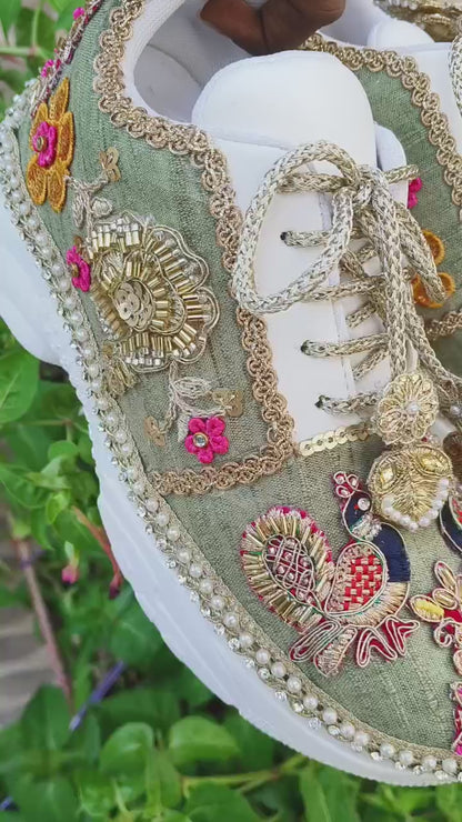 “Peacock Green Bridal Sneakers – Floral Embroidery”