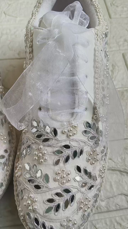 Funky N Trendy white pearl hand work sneakers / bridal sneakers/ sneaker for bride / white sneakers/ pearl sneakers for bride/ bridesmaid sneakers / pearls sneakers / mirror sneakers / white shoes
