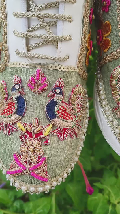 “Peacock Green Bridal Sneakers – Floral Embroidery”