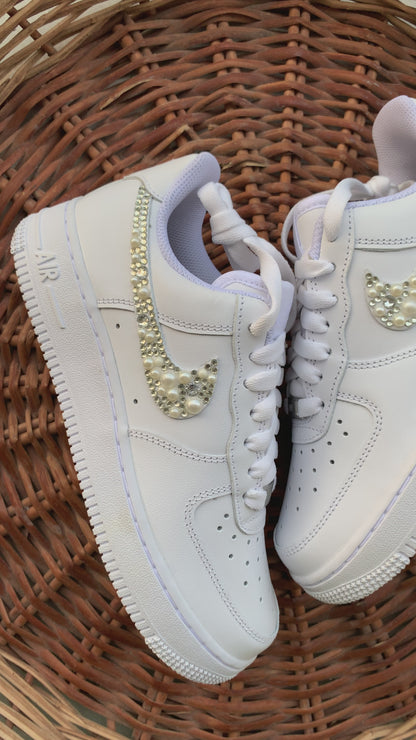 FUNKY N TRENDY hand crystalized rhinestone and pearl work done on Nike Airforce/bridal sneakers / bridesmaid sneakers/ silver sneakers / silver shoes/custom nike /customized nike for bride