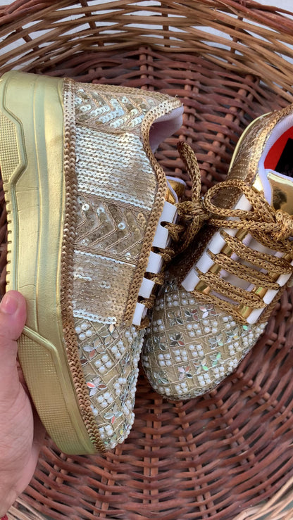 FUNKY N TRENDY golden mirror pearl and sequine work bridal sneakers / bridesmaid sneakers/ gold sneakers / golden sneakers
