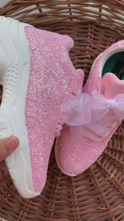FUNKY N TRENDY steel pink glitter heeled sneakers with pearl detailing for brides /bridesmaids / sneakers for bridesmaids/ handcrafted sneakers/ glitter sneakers / bridal sneakers / bridesmaid sneakers/ pink sneakers / pink shoes