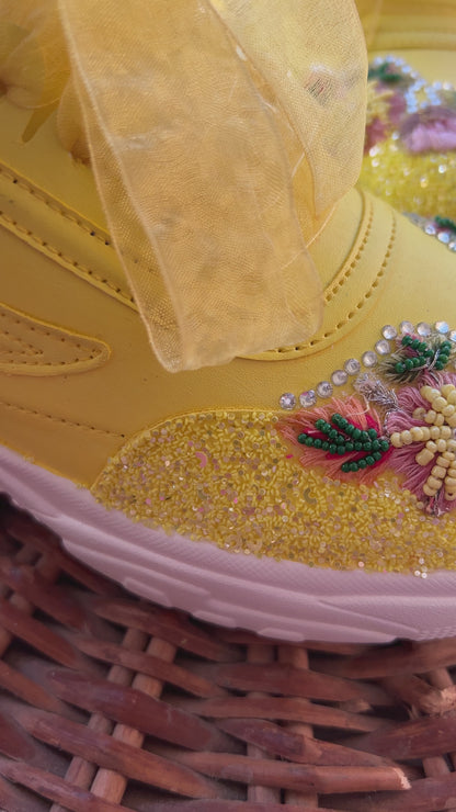 FUNKY N TRENDY yellow embroidery sneakers for brides /yellow embroidered sneakers/ handcrafted sneakers/ floral sneakers / bridal sneakers / bridesmaid sneakers/ yellow hand work sneakers/haldi sneakers