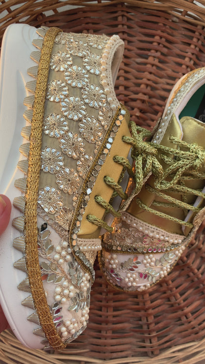 FUNKY N TRENDY gold mirror gottapatti sneakers for brides /bridesmaids / sneakers for bridesmaids/ handcrafted sneakers/ mirror sneakers / bridal sneakers / bridesmaid sneakers/ gold sneakers / golden shoes/ golden sneakers