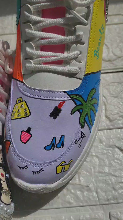 Funky N Trendy hand painted with water resistant colors, rhinestone work bridal sneakers/ bridesmaid sneaker / colorful sneakers/ funky sneakers / MUA theme sneakers / makeup sneakers