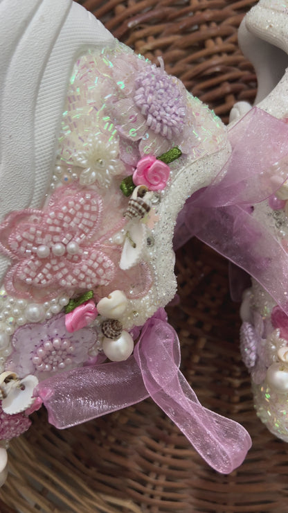 FUNKY N TRENDY pink /white/ purple lilac theme floral butterfly sneakers with shells pearls detailing for brides / bridesmaids with custom couple name initials/ pink shoes / purple shoes