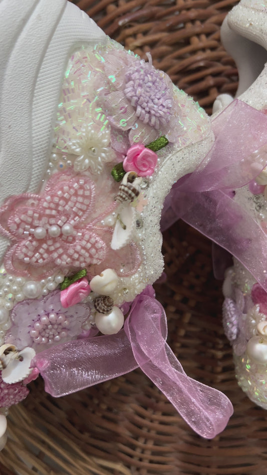 FUNKY N TRENDY pink /white/ purple lilac theme floral butterfly sneakers with shells pearls detailing for brides / bridesmaids with custom couple name initials/ pink shoes / purple shoes